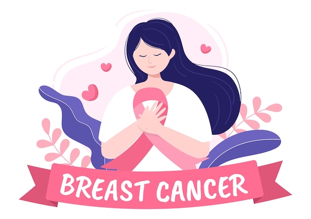Ilustración de dibujos animados de fondo del mes de concientización sobre el cáncer de mama con cinta rosa