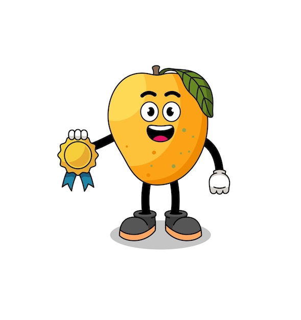 Ilustración de dibujos animados de fruta de mango con diseño de personajes de medalla de satisfacción garantizada