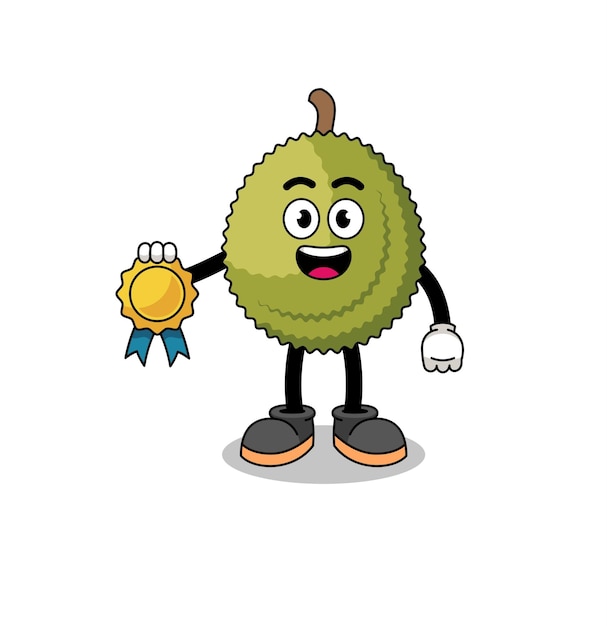 Ilustración de dibujos animados de frutas durián con diseño de personajes de medalla de satisfacción garantizada