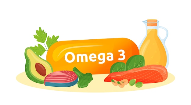 Ilustración de dibujos animados de fuentes de alimentos omega 3. Grasas saludables en pescado, aguacate, nueces, objeto de color de aceite. Ácidos grasos poliinsaturados para la salud mental sobre fondo blanco.