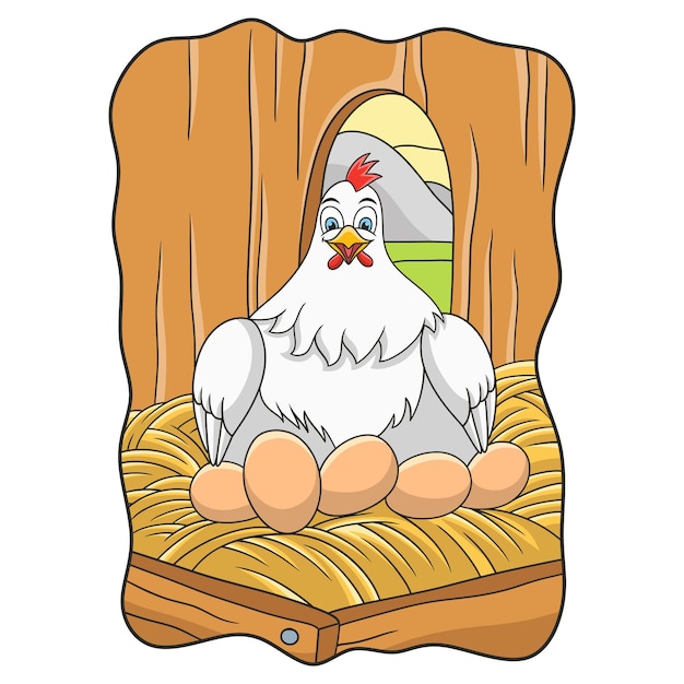 Ilustración de dibujos animados una gallina está incubando sus huevos en su jaula