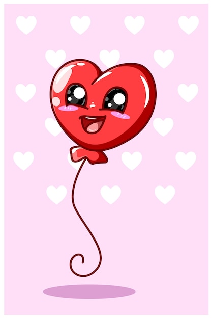 Ilustración de dibujos animados de globo de corazón divertido y kawaii de san valentín