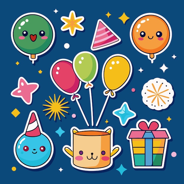 Una ilustración de dibujos animados con globos estrellas regalos fuegos artificiales y un oso lindo con un sombrero de cumpleaños