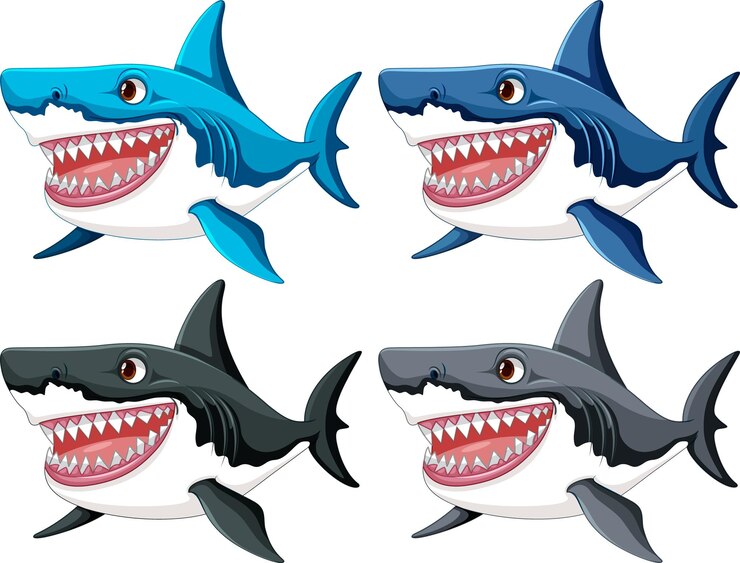 Vector una ilustración de dibujos animados de un gran tiburón blanco con grandes dientes sw