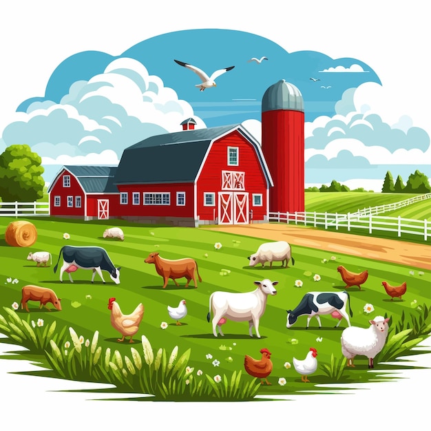 una ilustración de dibujos animados de una granja con una granja y animales de granja