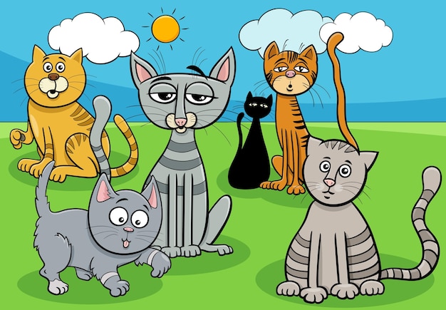 Ilustración de dibujos animados de grupo de animales de gatos y gatitos