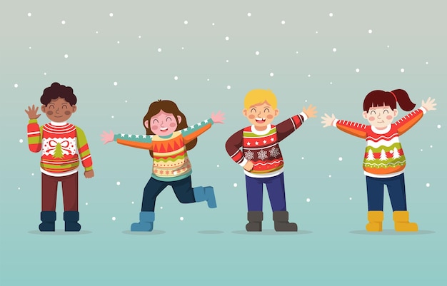 una ilustración de dibujos animados de un grupo de niños jugando en la nieve