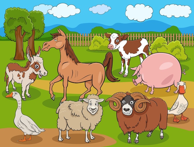 Ilustración de dibujos animados del grupo de personajes de animales de granja en el campo