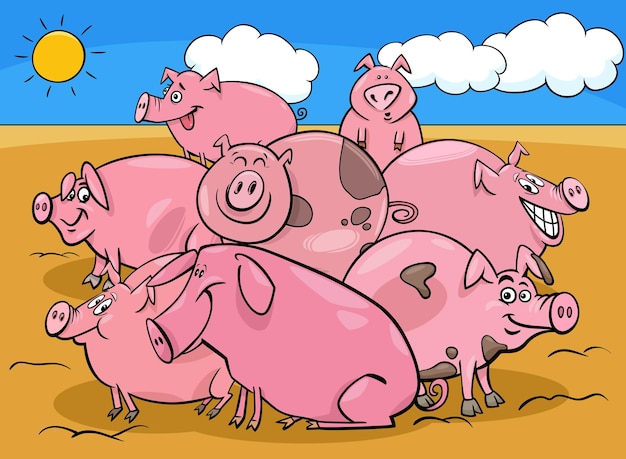 Ilustración de dibujos animados del grupo de personajes de animales de granja de cerdos en el campo