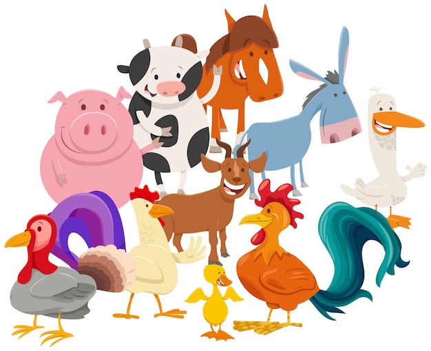 Vector ilustración de dibujos animados del grupo de personajes de animales de granja feliz