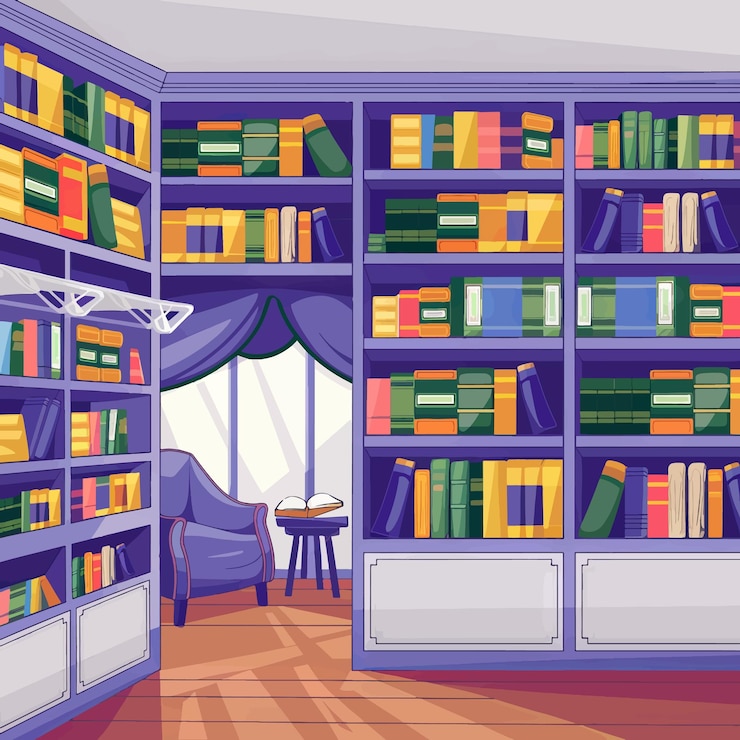Vector una ilustración de dibujos animados de una habitación con una estantería llena de libros