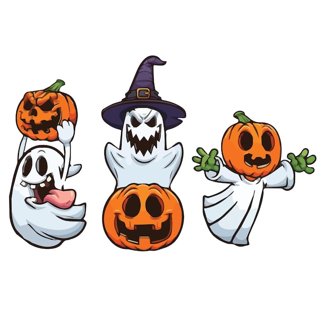 Ilustración de dibujos animados de Halloween: fantasmas, sombreros de bruja y calabazas
