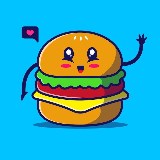 Vector ilustración de dibujos animados de hamburguesa hamburguesa linda con vector de ilustración de icono de queso