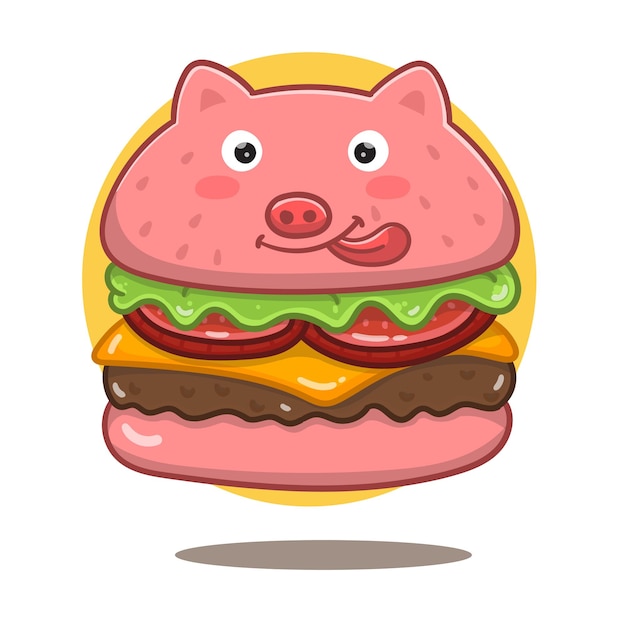 Ilustración de dibujos animados de hamburguesa con queso de cerdo vectorial. estilo de dibujos animados plana