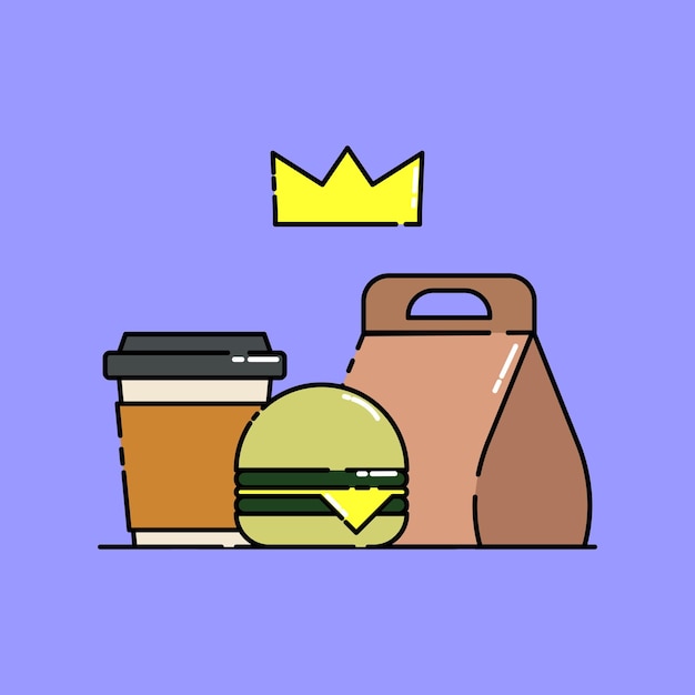 Ilustración de dibujos animados de hamburguesas y café en bolsas de papel de comida rápida