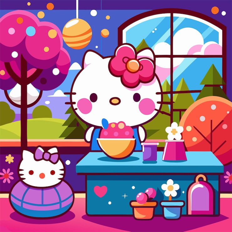 Vector una ilustración de dibujos animados de un hello kitty cocinando en una cocina