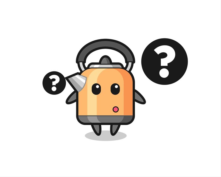 Vector ilustración de dibujos animados de hervidor de agua con el signo de interrogación, diseño de estilo lindo para camiseta, pegatina, elemento de logotipo
