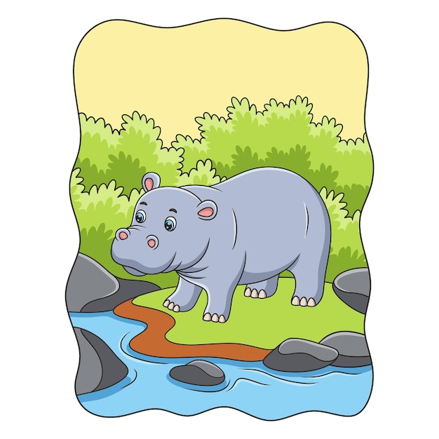 Ilustración de dibujos animados un hipopótamo caminando por el río en medio del bosque