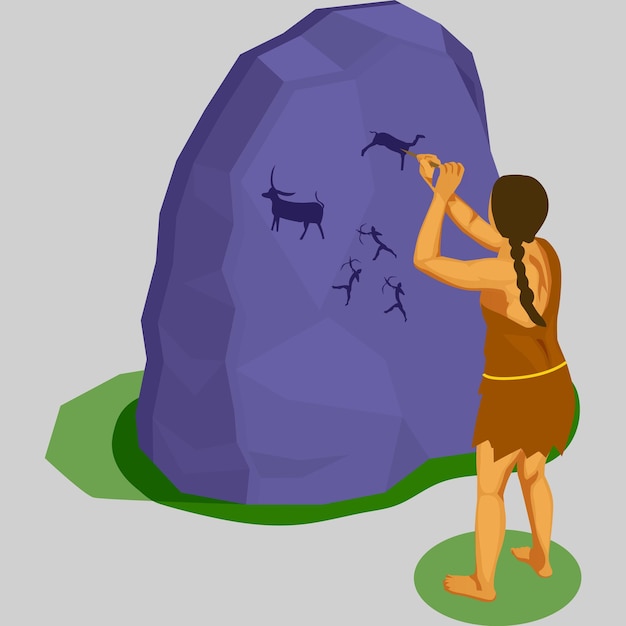 Una ilustración de dibujos animados de un hombre de las cavernas pintando una roca con una vaca en ella.