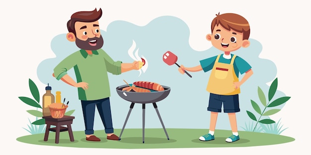 una ilustración de dibujos animados de un hombre cocinando una barbacoa con un hombre cocinando en ella