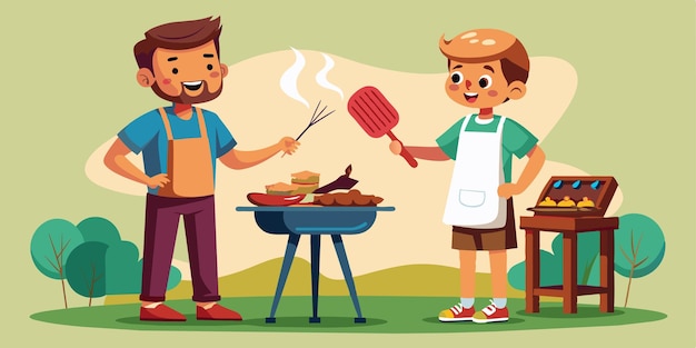 una ilustración de dibujos animados de un hombre cocinando comida con un hombre cocinado en una parrilla