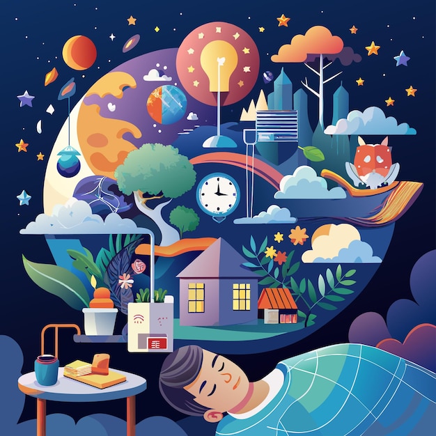 Vector una ilustración de dibujos animados de un hombre durmiendo en una cama con un reloj por encima de su cabeza