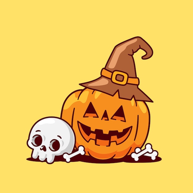 Ilustración de dibujos animados de icono de calabaza y calavera de bruja