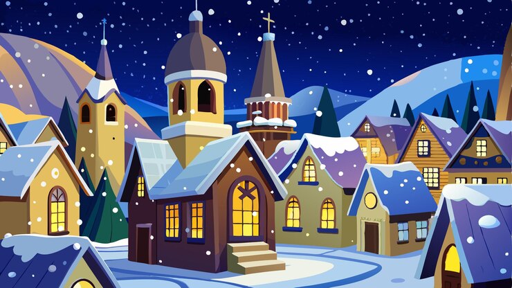 una ilustración de dibujos animados de una iglesia con un reloj en el fondo de invierno de Navidad