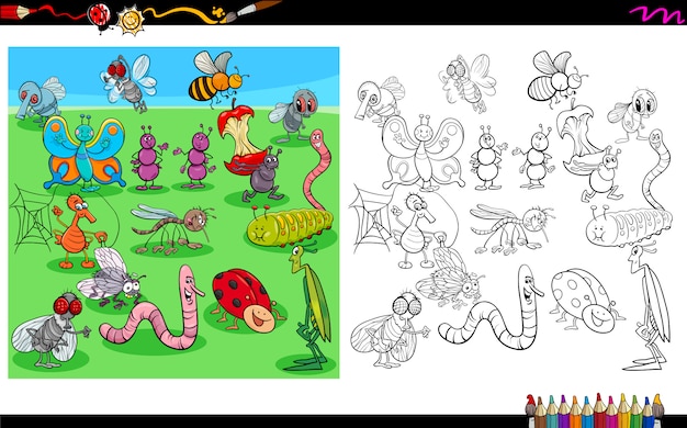 Ilustración de dibujos animados de insectos Libro de colorear Personajes