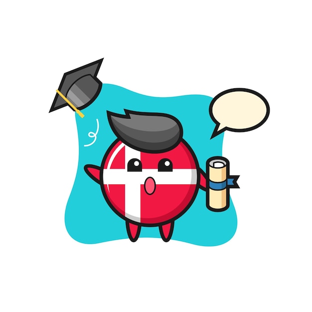 Ilustración de dibujos animados de la insignia de la bandera de dinamarca lanzando el sombrero en la graduación