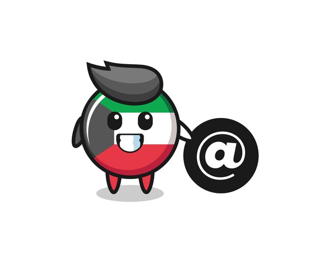 Ilustración de dibujos animados de la insignia de la bandera de kuwait de pie junto al diseño lindo del símbolo At