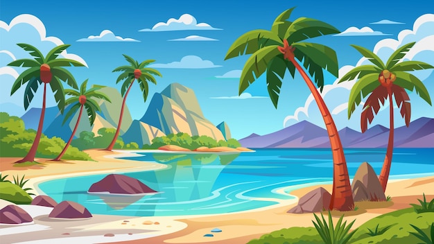 Vector una ilustración de dibujos animados de una isla tropical con palmeras y montañas