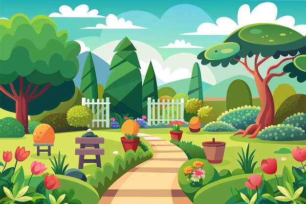una ilustración de dibujos animados de un jardín con un camino de jardín