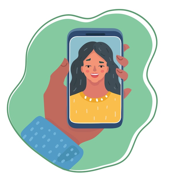Ilustración de dibujos animados de la joven y bella mujer sonriente en la pantalla del teléfono inteligente Mano humana sosteniendo el teléfono móvil y mirando la pantalla Chat Videollamada autorretrato