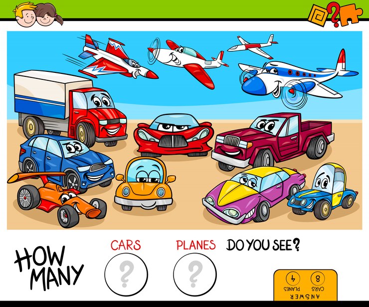 Vector ilustración de dibujos animados del juego de conteo educativo para niños con el grupo de automóviles y aviones