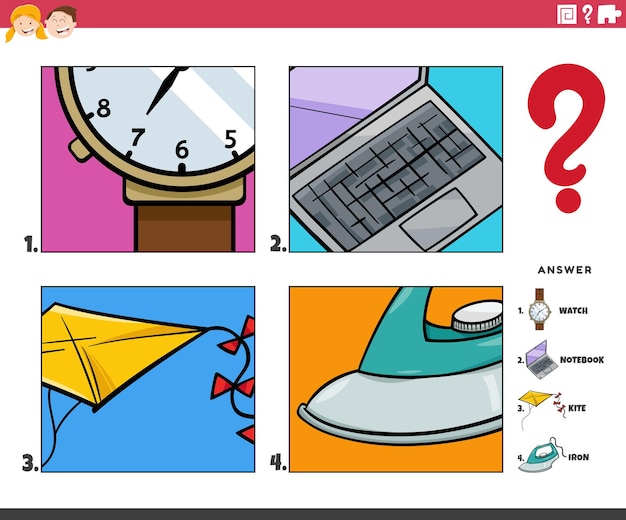 Vector ilustración de dibujos animados de juego educativo de adivinar la actividad de objetos para niños