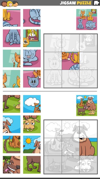 Ilustración de dibujos animados de juegos de rompecabezas educativos con personajes de perros y gatos