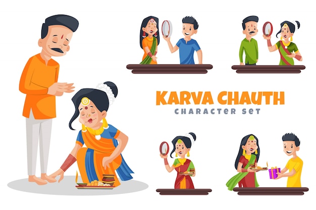 Ilustración de dibujos animados de karva chauth character set