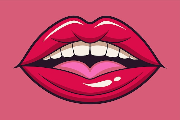 Una ilustración de dibujos animados de labios rojos con dientes blancos contra un telón de fondo rosado Rellenador de labios Ilustración de caricaturas personalizable