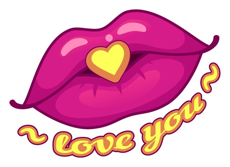 Vector ilustración de dibujos animados de labios rosados con un corazón amarillo entre ellos y el mensaje te quiero escrito a continuación ideal para proyectos del día de san valentín