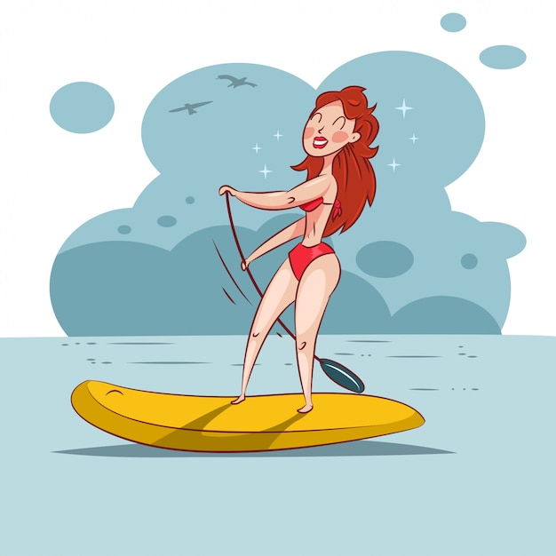 Ilustración de dibujos animados con una linda chica con un bikini rojo con un remo en las manos y en una tabla de surf en el mar o el océano.