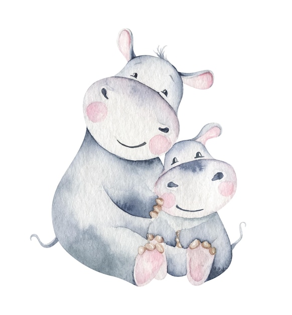 Ilustración de dibujos animados lindo acuarela con linda mamá flamingo y bebé flor hojas corona Madre hipopótamo y bebé ilustración diseño de pájaro Mamá tropical koala decoración