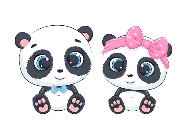 Vector ilustración de dibujos animados lindo bebé niño y niña panda