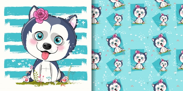 Ilustración de dibujos animados lindo cachorro husky para niños