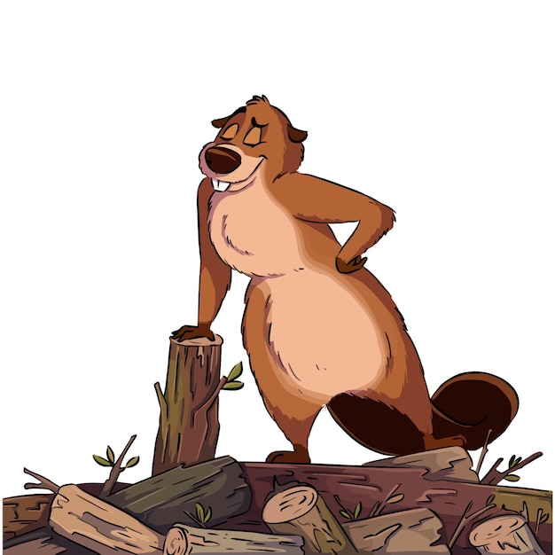 Ilustración de dibujos animados de un lindo castor de pie sobre la presa de madera. Ilustración de dibujado a mano de lineart stock de mascota de estilo cómico