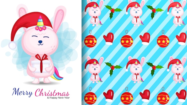 Ilustración de dibujos animados lindo conejito unicornio y patrones sin fisuras