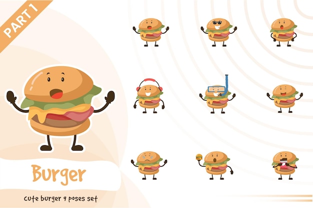 Ilustración de dibujos animados de lindo conjunto de poses de hamburguesa.