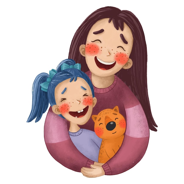 Ilustración de dibujos animados lindo para el día de la madre con mamá, hija y gato