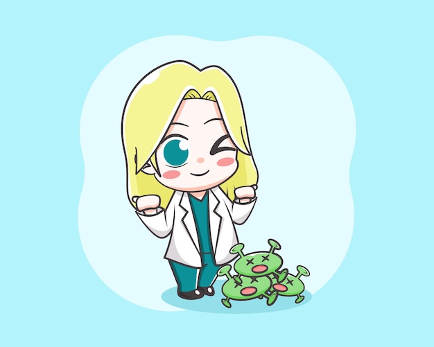 Ilustración de dibujos animados lindo doctor chica superando virus