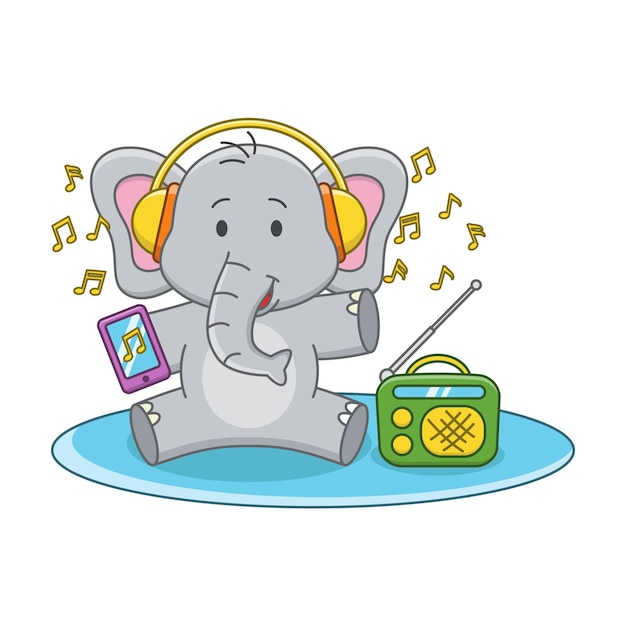 Ilustración de dibujos animados de un lindo elefante escuchando música